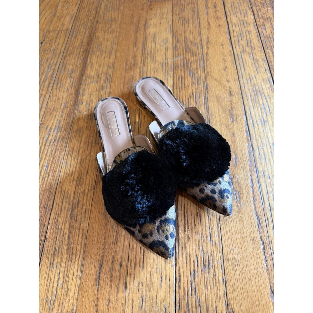 Aquazzura Mules Pointed Toe Slip-On Flat Gold Size 7.5 Women Powder Puff Pom Pom - Picture 4 of 12